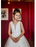 V Neck Ivory Tulle Pearls Floor Length Flower Girl Dress